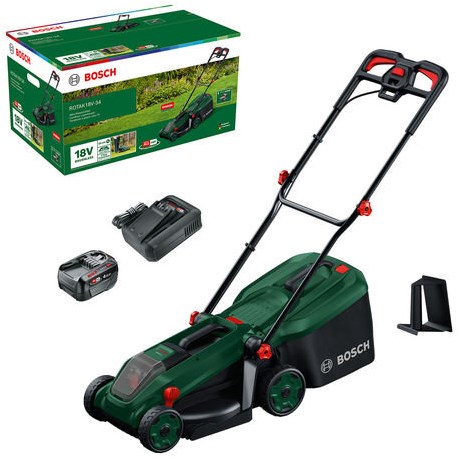 Bosch green cordless lawn mower Rotak 18V-34 | incl. 1 x 18 V Li-ion battery (4.0 Ah) + AL18V-44 charger + mulching plug - 06008B9N00